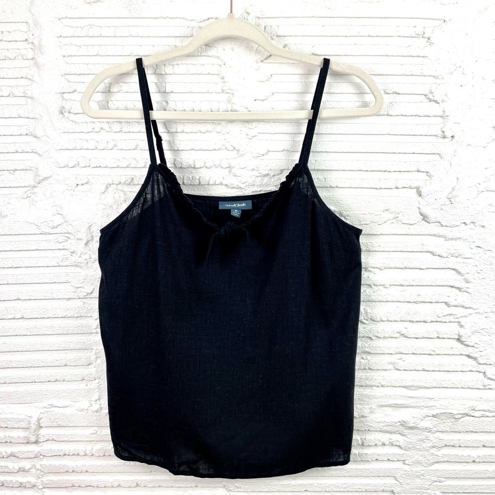 ModCloth Black Cropped Linen Blend Adjustable Strap Ruffle & Tie Neck Cami Top M